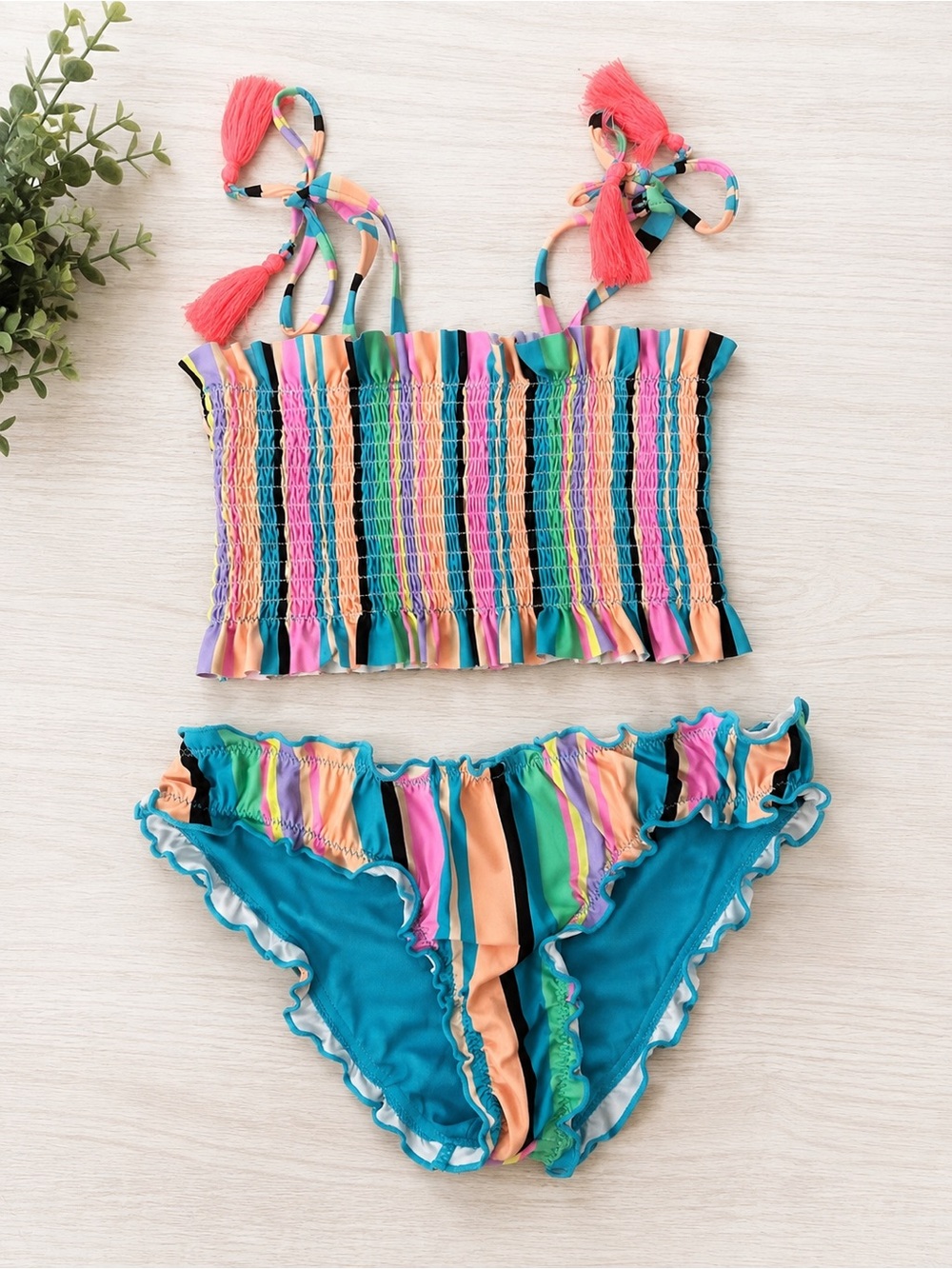 Beach Lingo Girls Multicolor Striped Smocked 2-Piece Swimsuit – Size 10